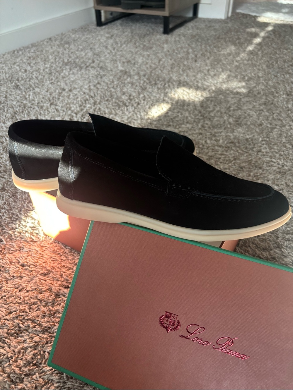 Loro Piana Black Suede Slip-On Loafers with Cream Soles